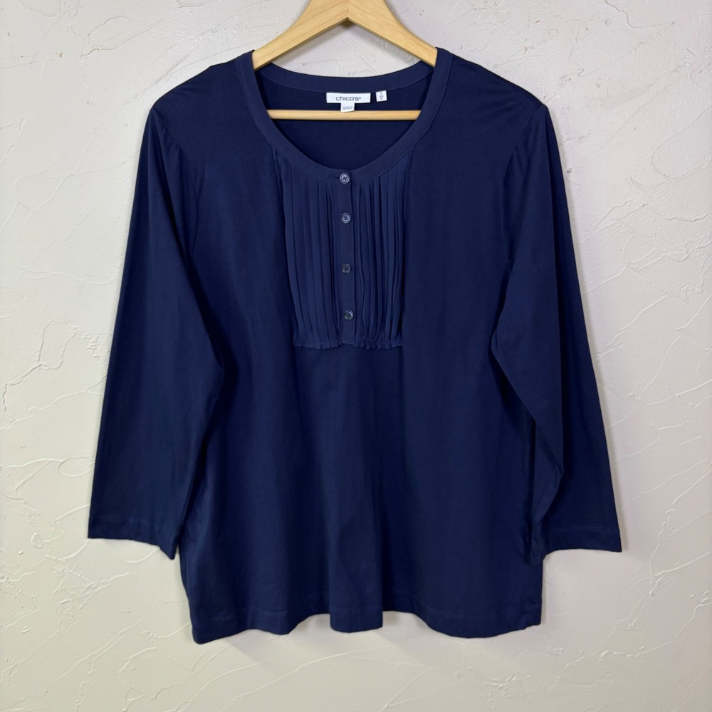 Chicos Supima Cotton Top Womens‎ 3 XL Blue Pleated Bib Henley 3/4 Sleeve Classic